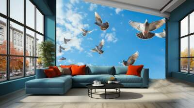 A flock of white birds flying in the sky with blue background. Generative AI. Wall mural