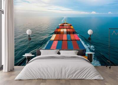 A loaded container cargo ship is seen in the front as it speeds over the ocean Wall mural