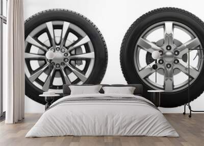 Set of car wheels isolated on a transparent background, Generative AI Wall mural