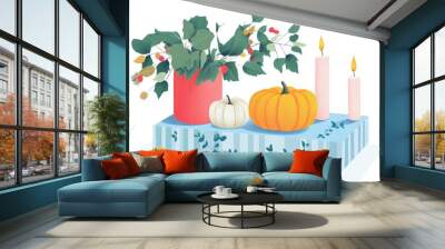 Autumn candle box illustration Cozy fall composition featuring pumpkins and candles Thanksgiving inspired decor Beeswax pumpkin shaped candle design Wall mural