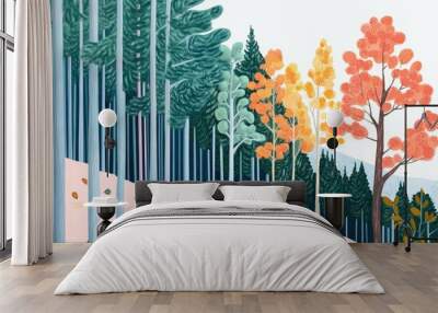 Autumn landscape illustration showcasing a densely wooded forest with a mix of green pines and orange brown deciduous trees depicting the beauty of seasonal change Wall mural