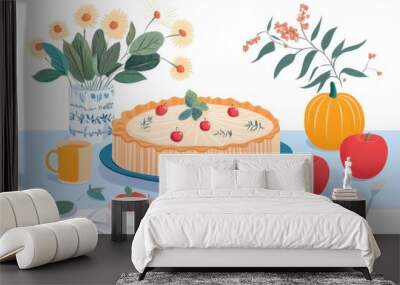 Autumn Pie Illustration with Pumpkin and Apple Elements Wall mural