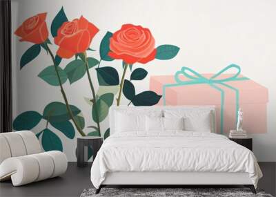 Coloring book illustration of red roses and a heart shaped gift box against a vintage white grey background Festive concept for love and celebration Wall mural