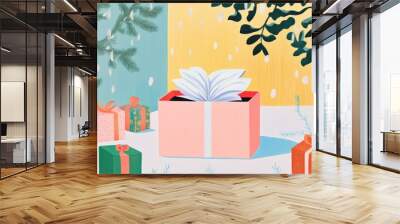 Coloring page of an open gift box revealing a surprise with additional festive gifts and snowy background Wall mural