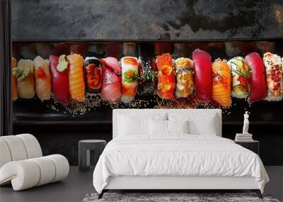 Experience the vibrant hues of fresh sushi artfully arranged on a dark plate showcasing the allure of Japanese culinary art in an inviting dining atmosphere Wall mural