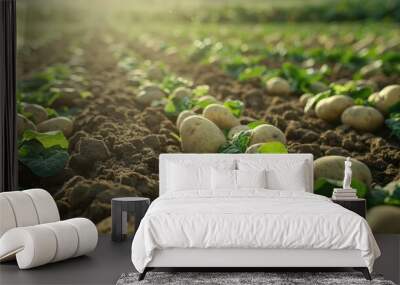 Growing organic potatoes on plantations through farming and agriculture practices Wall mural