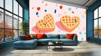 Heart shaped waffles on a pink background for a Valentine s Day coloring page Wall mural