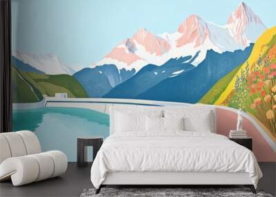 Illustration of a panoramic nature scene featuring a dam and snow capped mountain range under a blue sky highlighting a famous alpine landscape Ideal for coloring enthusiasts Wall mural