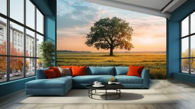 Isolated tree in field at sunset Wall mural