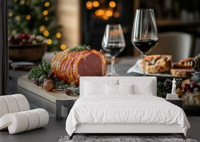 Minimalist Scandinavian buffet featuring Christmas ham as the main attraction emphasizing the elegance of Nordic design Suitable for banner content Wall mural