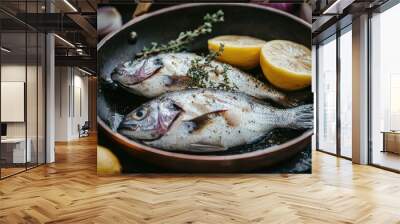 Two Fresh Raw Dorado Fish With Lemon Red Onion And Thyme In A Copper Frying Pan Wall mural