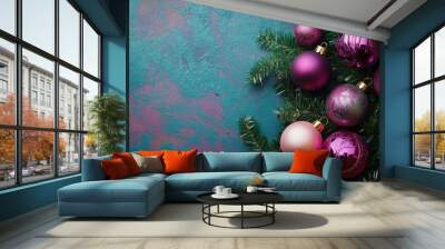 Vibrant border background featuring decorative Christmas ornaments Wall mural