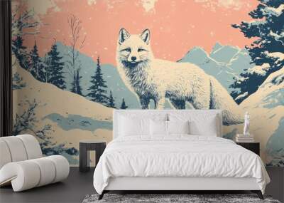 Whimsical Arctic fox in a snowy landscape coloring page Wall mural