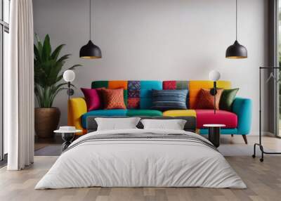 Copy space banner, ultra detailed, dof, Modern living room with an ethnic interior featuring a colorful patchwork sofa. Wall mural