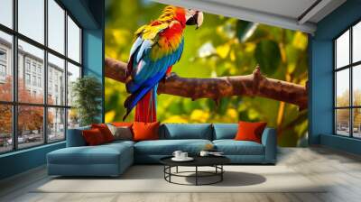 a colorful parrot perched on a branch in a tree with leaves in the background and a blue sky in the background, generative ai Wall mural