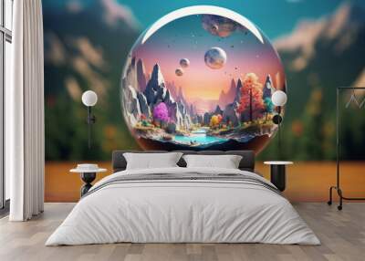 a snow globe with a landscape inside of it on a table with a mountain background and a lake in the middle Wall mural