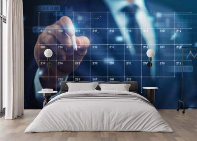 Businessman Manager Using white Magic Pen to Organize Calendar Reminders on Virtual Screen Interface for Business Growth Strategy, Innovative Technology, blurred blue background, generative ai Wall mural