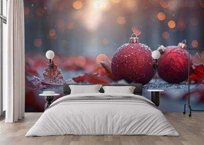 A beautiful winter scene featuring two red Christmas ornaments on a snowy ground surrounded by fallen leaves and festive bokeh lights in the background Wall mural