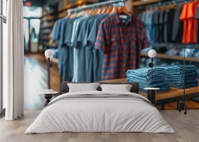 A beautifully arranged modern retail clothing store showcasing neatly folded denim jeans on a wooden table with hanging shirts in the background Wall mural