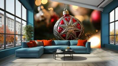 A beautifully decorated Christmas tree ornament showcasing a festive atmosphere with red and silver colors, capturing the spirit of the holiday season Wall mural