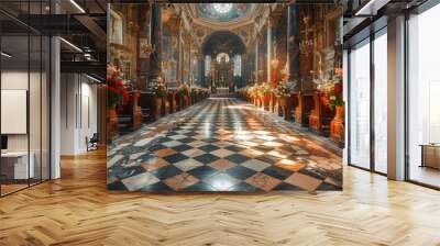 A beautifully ornate cathedral interior with intricate decorations, stained glass windows, lavish floral arrangements, and stunning checkerboard marble flooring illuminated by natural light Wall mural