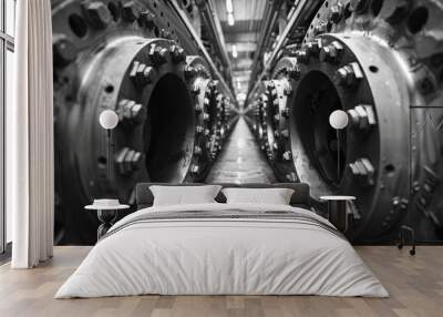 A black and white close-up of industrial machinery showcasing symmetrical large round metal components with bolts in a factory setting Wall mural