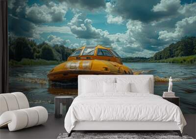 A bright yellow survival pod floats along a river surrounded by lush greenery and vibrant blue skies with dramatic clouds on a serene day Wall mural