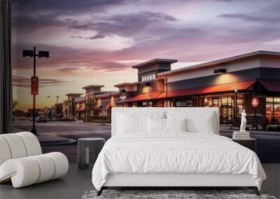 A Bustling Suburban Shopping Center at Dusk with a Variety of Unique Retail Stores Wall mural