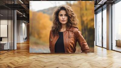 A casually dressed woman in a brown leather bomber jacket enjoying the tranquility of a rural autumn afternoon, with a backdrop of colorful fall foliage Wall mural