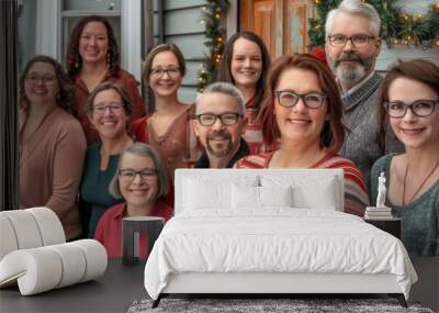 A cheerful group of ten people posing together outside a decorated house during a festive holiday season, smiling and dressed in casual winter attire Wall mural