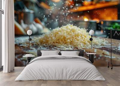 A close-up image of a pile of shredded cheese on a wooden cutting board, with scattered fragments and an out-of-focus background, highlighting an ambient kitchen setting Wall mural