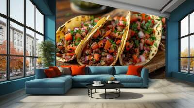 A close-up image of three delicious tacos filled with seasoned meat, vibrant diced tomatoes, red onions, and garnished with fresh chopped cilantro, served on a rustic wooden board Wall mural