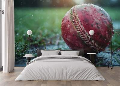 A close-up of a red cricket ball on wet grass with water droplets, capturing the essence of an invigoratingly fresh post-rain game setting in the early morning sunlight Wall mural