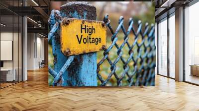 A close-up shot of a weathered yellow High Voltage warning sign attached to a rusty blue metal post, with a blurred chain-link fence and foliage in the background Wall mural