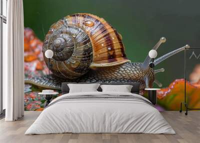 A close-up view of a brown snail with intricate shell patterns slowly crawling across vibrant orange and green foliage covered in dew Wall mural