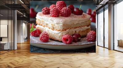 A deliciously layered raspberry and cream cake dessert beautifully presented on a dark, rustic background with fresh cherries Wall mural