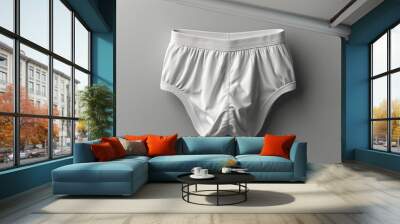 A detailed and isolated image of a pair of white cotton briefs displayed against a plain grey background, highlighting the design and texture of the fabric Wall mural