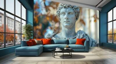 A detailed marble statue of a classical Roman figure with meticulous craftsmanship showcasing realistic elements set against a background of autumn foliage and architectural columns Wall mural