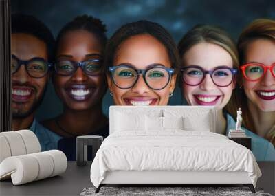 A diverse group of five young professionals smiling and posing together while wearing fashionable eyeglasses against a dark, blurred background Wall mural