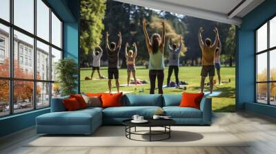 A diverse group of individuals with varying physical abilities come together in a park for a summer yoga class, promoting inclusivity, health, and wellness in an outdoor setting. Wall mural