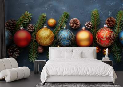 A festive arrangement of colorful Christmas ornaments and pinecones resting on fir branches against a dark textured background, evoking holiday cheer and celebration Wall mural