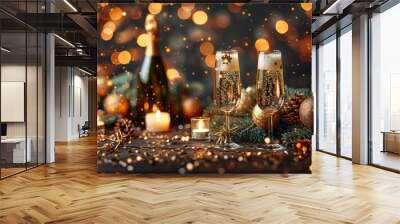 A festive celebration scene with two glasses of sparkling champagne, surrounded by holiday decorations, candle lights, and golden ornaments, creating a warm and joyous atmosphere Wall mural