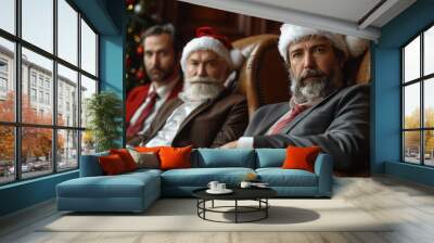 A festive scene capturing three men dressed in business attire and Santa hats, sitting on leather chairs with a Christmas tree adorned with ornaments in the background Wall mural