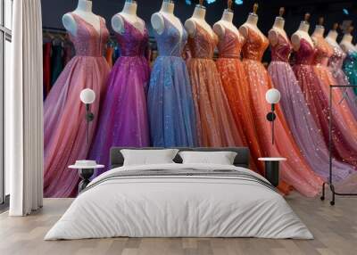 A line of fashion mannequins showcasing a vibrant and dazzling collection of evening gowns with sequins and intricate designs in a luxury boutique Wall mural