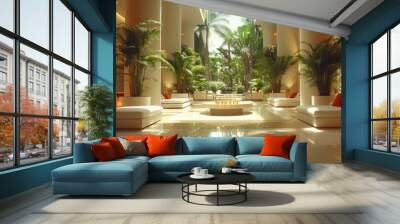 A luxurious and elegant hotel lobby featuring modern white sofas and vibrant green plants under soft natural lighting for a serene ambiance Wall mural