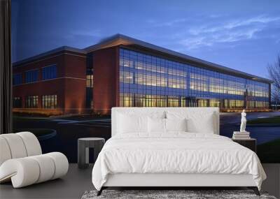 A modern, glass-fronted office building illuminated at dusk, showcasing contemporary architecture and reflecting the serene evening sky Wall mural