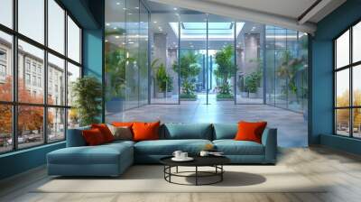 A modern and serene indoor garden within a commercial building featuring glass walls, greenery, and natural lighting for a refreshing atmosphere Wall mural