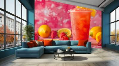 A refreshing strawberry lemonade drink served cold in a plastic cup with ice and lemon slices, surrounded by fresh strawberries and lemons on a vibrant pink background Wall mural