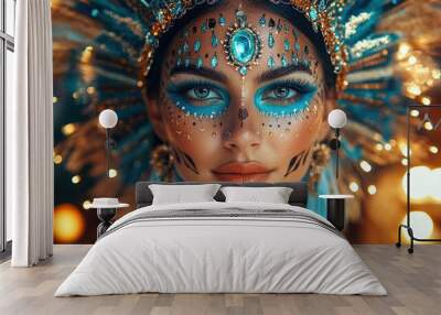 A striking portrait of a woman adorned in intricate, vibrant face paint and elaborate headpiece, symbolizing cultural heritage and artistry Wall mural