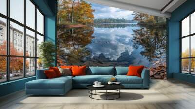 A stunning autumn landscape with a serene lake reflecting the cloudy sky, surrounded by colorful trees and fallen leaves, capturing the beauty of nature Wall mural